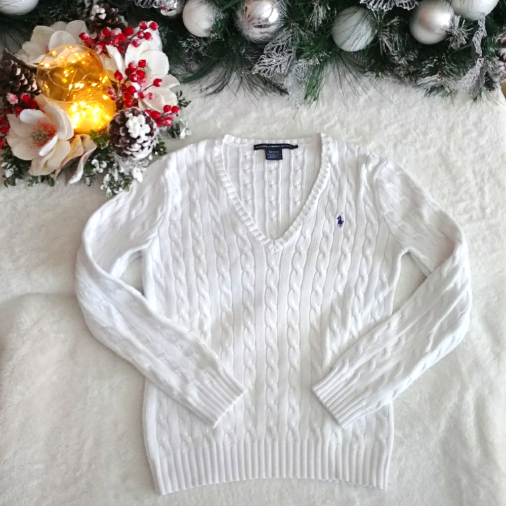 Ralph Lauren Sport Cable Knit Off White V-Neck Sweater. Good Condition. Large